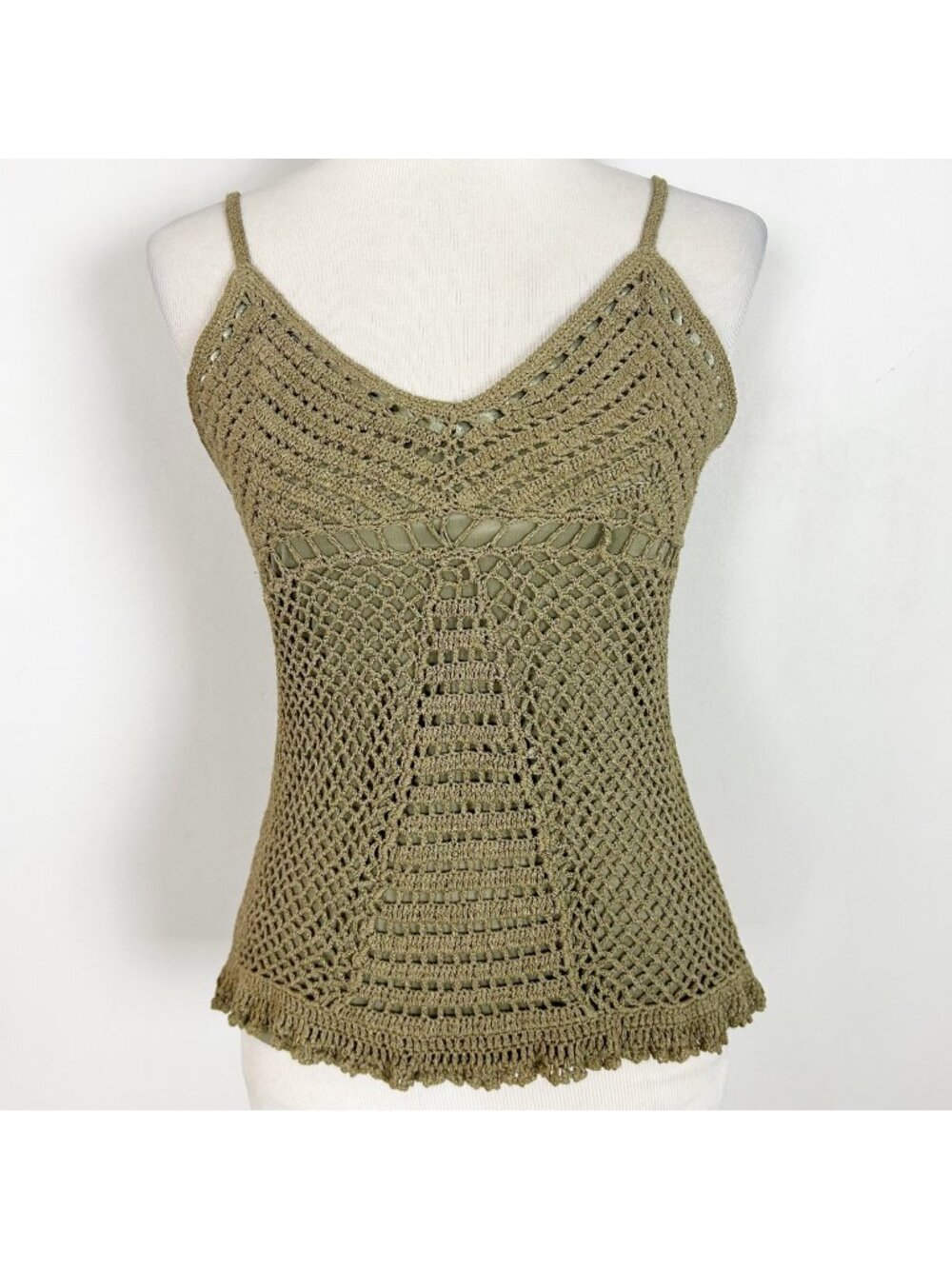 Y2K Olive Crochet Babydoll Cami Tank Top Coquette Boho Size Small Women's